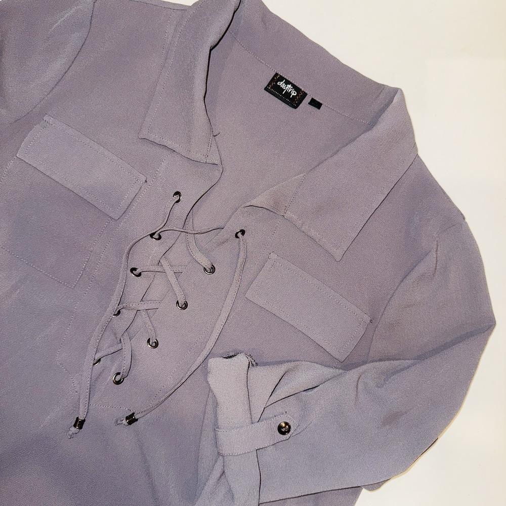 Daytrip Lace Up Blouse XL Gray Roll Tab Sleeve Utility Pocket Boho Top Y2K